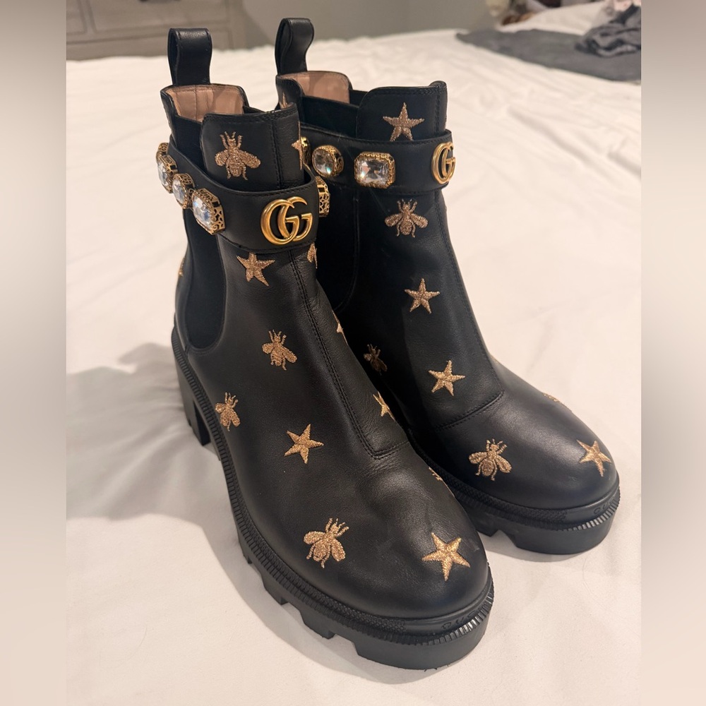 Gucci Black Ankle Boots with Gold Embellishments
